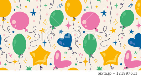 Seamless pattern with Various shapes Inflatable helium balloons and stars. Bright Festive party decor. Trendy modern vector illustration on light background, hand drawn, flat design 121997613