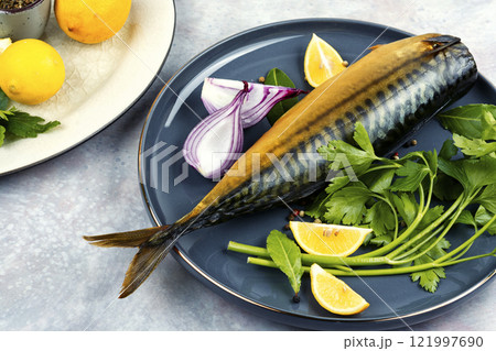 Cooked Smoked Mackerel. 121997690