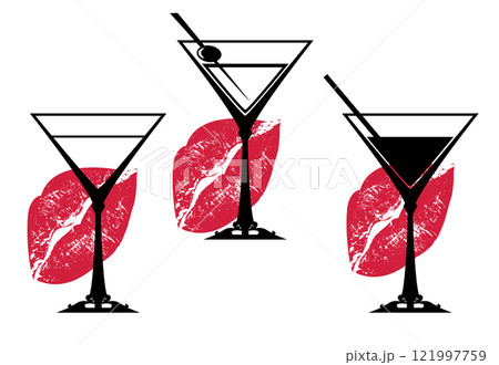 martini cocktail glass and red lips kiss mark vector design martini cocktail glass and red lips kiss mark vector design 121997759