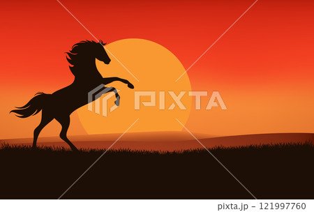 vector silhouette of mustang horse rearing up against setting sun in wild west prairie vector silhouette of mustang horse rearing up against setting sun in wild west prairie 121997760