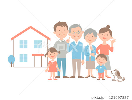 マイホームの前に、3世代6人家族とペットが集合。のイラスト素材