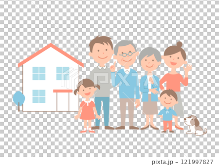 一家三口六口帶著他們的寵物聚集在我家門前。 121997827