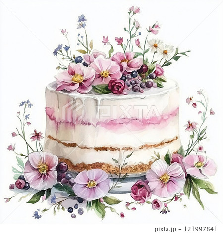 Watercolor cake with cream drips and pink flowers. Pastry picture for design on white background 121997841