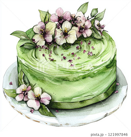 Watercolor green cake with cream drips and flowers. Pastry picture for design on white background 121997846