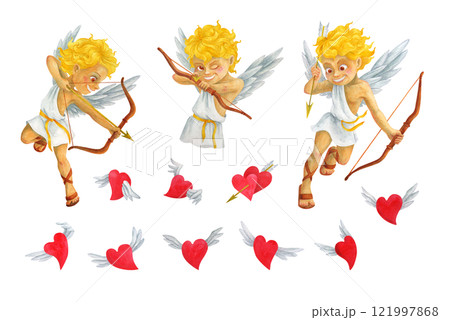 Cherub Cupid angel of love shooting an arrow from bow and flying hearts. Set of isolated symbols of love, marriage or valentine's day. Watercolor characters for wedding, anniversary, scrapbooking 121997868
