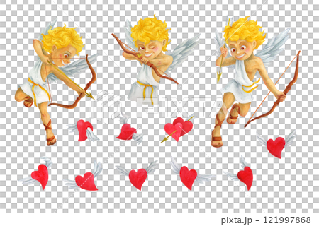Cherub Cupid angel of love shooting an arrow from bow and flying hearts. Set of isolated symbols of love, marriage or valentine's day. Watercolor characters for wedding, anniversary, scrapbooking 121997868