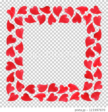 Square frame with red hand drawn hearts of different silhouettes. Watercolor background template for cards, plates or shopping bags. Decorative romantic border with empty place for text in center Square frame with red hand drawn hearts of different silhouettes. Watercolor background template for cards, plates or shopping bags. Decorative romantic border with empty place for text in center 121997870