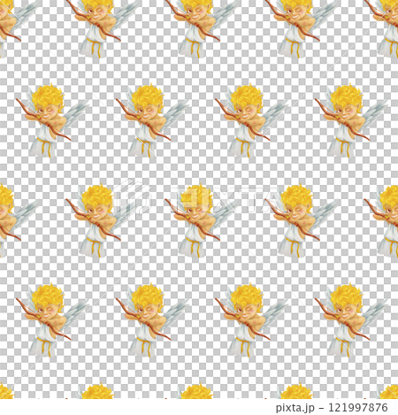 Cartoon seamless pattern with mischievous laughing boy Cupid directs an arrow from a bow at the viewer. Creative romantic watercolor illustration for fabrics, packaging, textiles, wallpaper, clothing. 121997876
