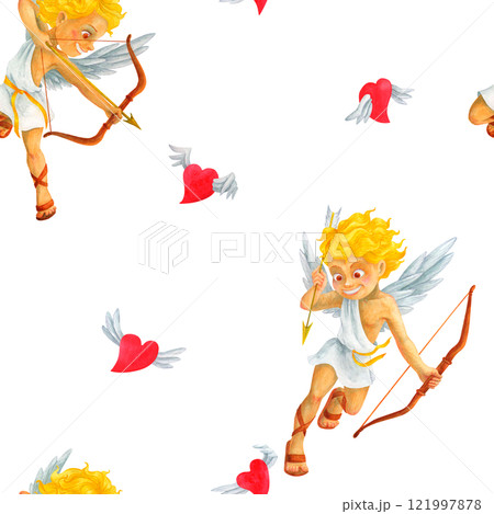 Seamless pattern with cartoon Cherub Cupid hunting red flying hearts. Creative romantic watercolor ornamental with symbols of love and marriage for Valentine's Day wrapping paper, textile, wallpaper Seamless pattern with cartoon Cherub Cupid hunting red flying hearts. Creative romantic watercolor ornamental with symbols of love and marriage for Valentine's Day wrapping paper, textile, wallpaper 121997878