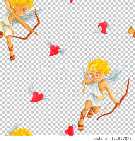 Seamless pattern with cartoon Cherub Cupid hunting red flying hearts. Creative romantic watercolor ornamental with symbols of love and marriage for Valentine's Day wrapping paper, textile, wallpaper Seamless pattern with cartoon Cherub Cupid hunting red flying hearts. Creative romantic watercolor ornamental with symbols of love and marriage for Valentine's Day wrapping paper, textile, wallpaper 121997878