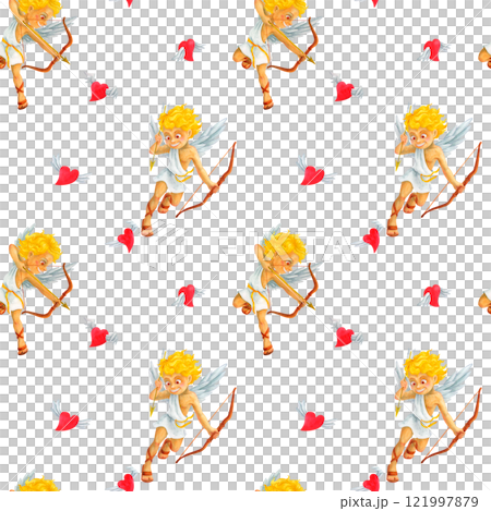 Seamless pattern with cartoon Cherub Cupid hunting red flying hearts. Creative romantic watercolor ornamental with symbols of love and marriage for Valentine's Day wrapping paper, textile, wallpaper 121997879