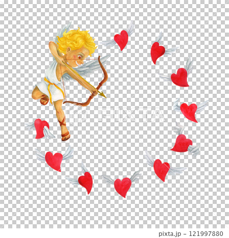 Cherub cupid angel of love shooting an arrow from the bow straight to the flying heart. A simple circle frame. Watercolor romantic background with place for text for Valentine's day designs and prints 121997880