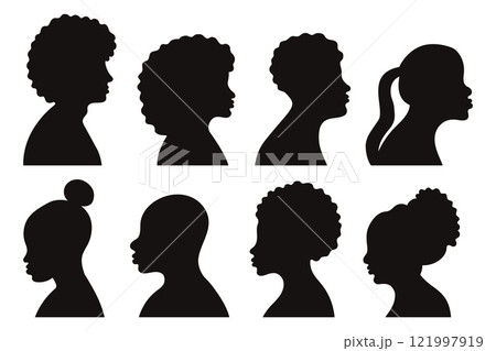 Black silhouette profile african american people set. Isolated portraits of women and men on white background. Vector illustration. Hand drawing 121997919