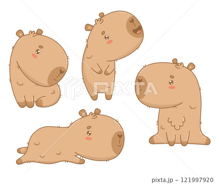 Cute Capybara set. Isolated funny calm character cartoon kawaii character. Vector illustration. Kids collection. 121997920