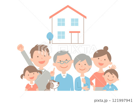 マイホームの前に、3世代6人家族とペットが集合。 121997941