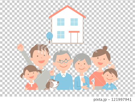 マイホームの前に、3世代6人家族とペットが集合。 121997941