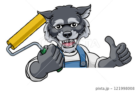 Wolf Painter Decorator Paint Roller Mascot Man 121998008