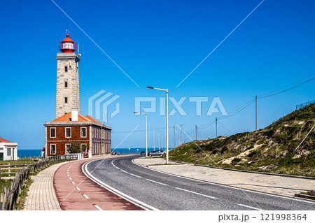 The beautiful Penedo da Saudade Lighthouse at Praia da Concha in Sao Pedro de Moel, Marinha Grande, Portugal The beautiful Penedo da Saudade Lighthouse at Praia da Concha in Sao Pedro de Moel, Marinha Grande, Portugal 121998364