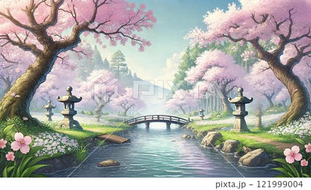 橋の下を流れる小川と桜 121999004