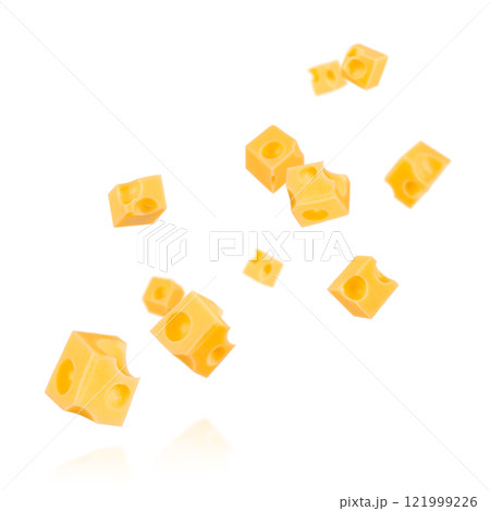 Pieces of cheese flying. Cheese cubes with holes levitating in air isolated on white background Pieces of cheese flying. Cheese cubes with holes levitating in air isolated on white background 121999226
