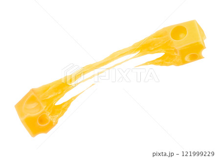two pieces cheese cubes with holes melted cheese levitating in air isolated on white background two pieces cheese cubes with holes melted cheese levitating in air isolated on white background 121999229
