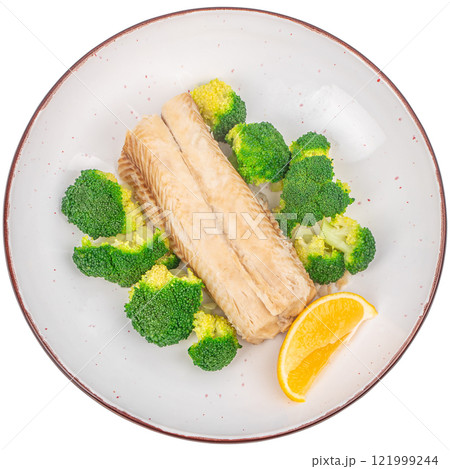 white fish meal with green broccoli, fish with vegetables isolated on white background. clean diet concept white fish meal with green broccoli, fish with vegetables isolated on white background. clean diet concept 121999244