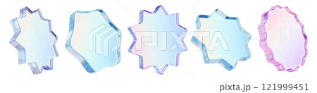 3D ice star icon set, geometric abstract crystal shape, glass shiny circle cracked object design.  121999451