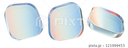 3D glass square panel set, geometric abstract holographic rectangle figure, acrylic glossy material. 121999453