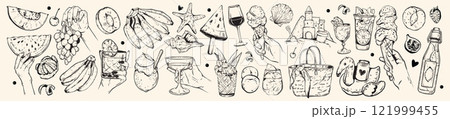 Summer fresh fruit beverages doodle set, vector hand drawn tropical drinks, beach refreshment sketch 121999455