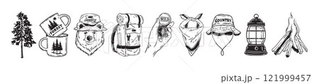Camping logotype vector set, forest hiking vintage print, wood tree silhouette, cute grizzly smile.  121999457