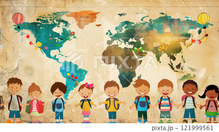 A group of young children holding each others hands standing in front of a world map in illustration art style. A group of young children holding each others hands standing in front of a world map in illustration art style. 121999561