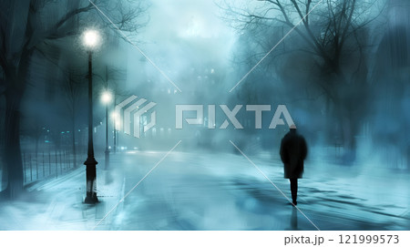 A lone person in a warm coat and scarf walks down a quiet, empty street with a hazy winter atmosphere, capturing the reflective solitude of Blue Monday. 121999573