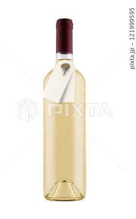 mockup of white wine bottle with paper label tags on neck isolated on white background mockup of white wine bottle with paper label tags on neck isolated on white background 121999595