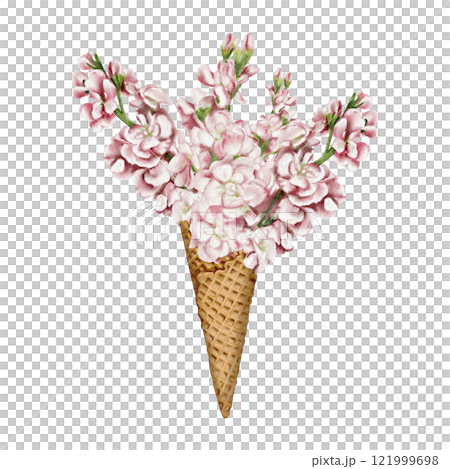 Spring bouquet. Pink flowers in an ice cream cone. Flower dessert. Mathiolla flowers. Watercolor illustration without background. Retro vintage style. Pastel colors. Spring or summer card. Spring bouquet. Pink flowers in an ice cream cone. Flower dessert. Mathiolla flowers. Watercolor illustration without background. Retro vintage style. Pastel colors. Spring or summer card. 121999698