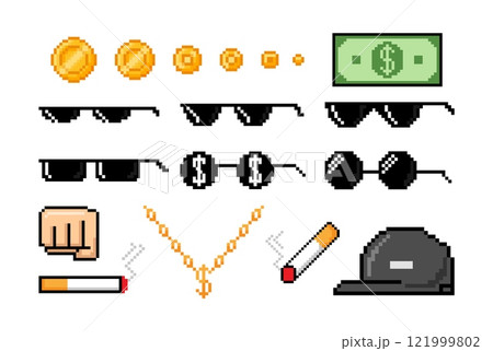 Pixel art Boss attributes. Boss, gangster elements. Comic pixelated bandit gangsta accessories. Street rapper coins and money, chain, sunglasses, fist, cap, cigarette vector set 121999802
