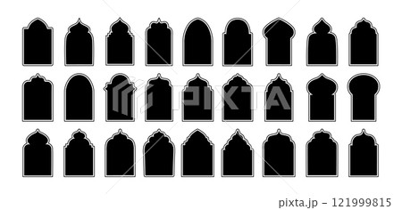 Arabic frame. Islamic arches, doors and windows. Arabian architecture elements. Geometric patterns, arabesque designs. Oriental Ramadan Mubarak border frames. Vector set 121999815