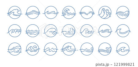 Line sea waves in circle. Doodle wave water icons. Abstract wavy ocean silhouette. Round outline sign with splashes, splatter water. Marine curly, swirly liquid. Vector set 121999821