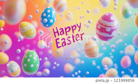 A colorful image of many eggs with the words Happy Easter written below them. The eggs are scattered throughout the image, with some in the foreground and others in the background A colorful image of many eggs with the words Happy Easter written below them. The eggs are scattered throughout the image, with some in the foreground and others in the background 121999856