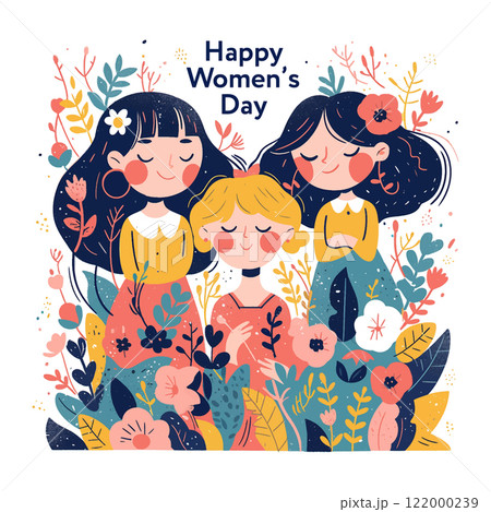 A colorful drawing of three women with flowers surrounding them. The image is titled "Happy Women's Day" A colorful drawing of three women with flowers surrounding them. The image is titled "Happy Women's Day" 122000239