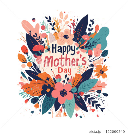 A colorful flowery background with a pink circle in the middle that says Happy Mother's Day. The circle is surrounded by a variety of flowers and leaves 122000240