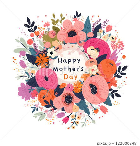 A colorful flowery design with the words Happy Mother's Day written in cursive. The design is meant to convey a sense of warmth and love for mothers on this special day 122000249