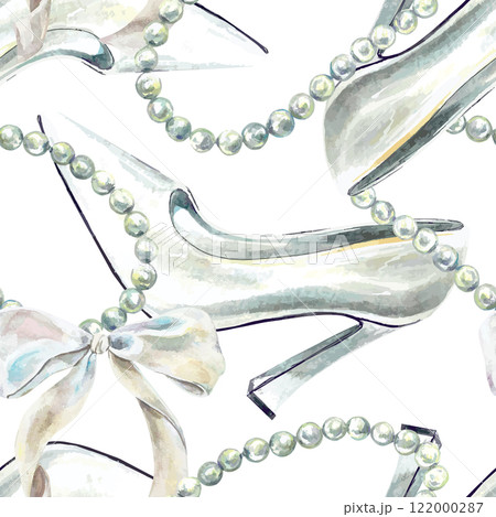 White silk bow, beads, women shoes seamless pattern, watercolor. Hand drawn vector illustration. Wrapping paper, textile, fabric, covers, wallpaper. White silk bow, beads, women shoes seamless pattern, watercolor. Hand drawn vector illustration. Wrapping paper, textile, fabric, covers, wallpaper. 122000287