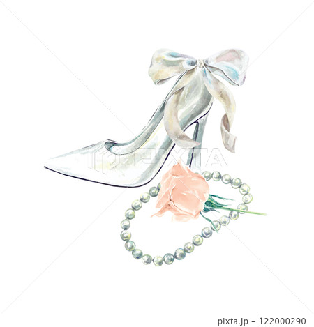 White shoe, bow, pink rose and beads, watercolor. Hand drawn vector illustration. Valentines day cards, wedding invitations, labels, banners, posters. White shoe, bow, pink rose and beads, watercolor. Hand drawn vector illustration. Valentines day cards, wedding invitations, labels, banners, posters. 122000290