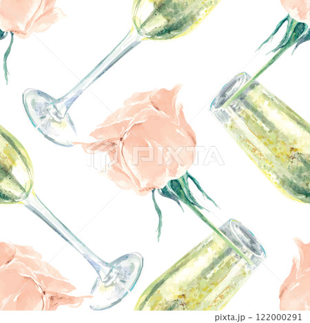 Champagne glass and rosebud seamless pattern, watercolor. Hand drawn vector illustration. For wedding cards, wrapping paper, fabric, covers, banners. 122000291