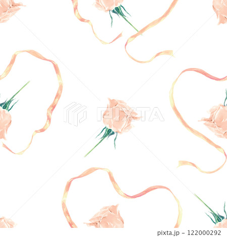 Rosebud and pink ribbon seamless pattern, watercolor. Hand drawn vector illustration. Wedding cards, wrapping paper, textile, fabric, covers, banners. 122000292