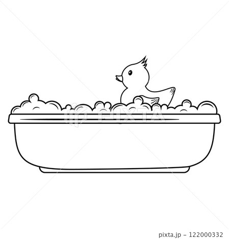 A rubber duck. A children's bathing toy. Inflatable cute duck in a doodle-style bathroom. A separate illustration. 122000332
