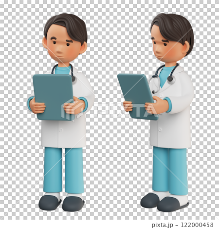 male doctor looks worried as he looks at the chart 3D graphic male doctor looks worried as he looks at the chart 3D graphic 122000458