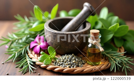 Rustic Mortar and Pestle with Fresh Ingredients 122000539