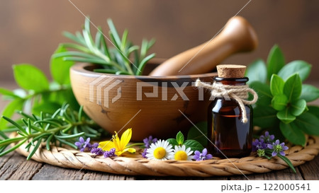 Rustic Mortar and Pestle with Fresh Herbs and Flowers 122000541