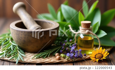Weathered Mortar and Pestle with Fresh Herbs and Oils 122000543